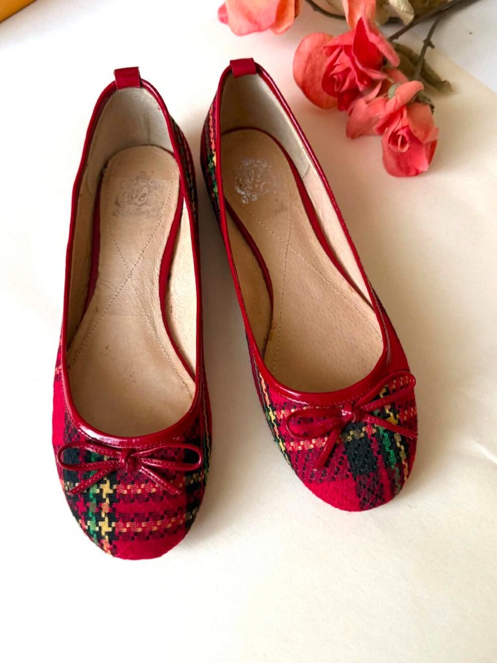 Jeffrey Campbell Red Plaid Ballet Flats with Bow Accent